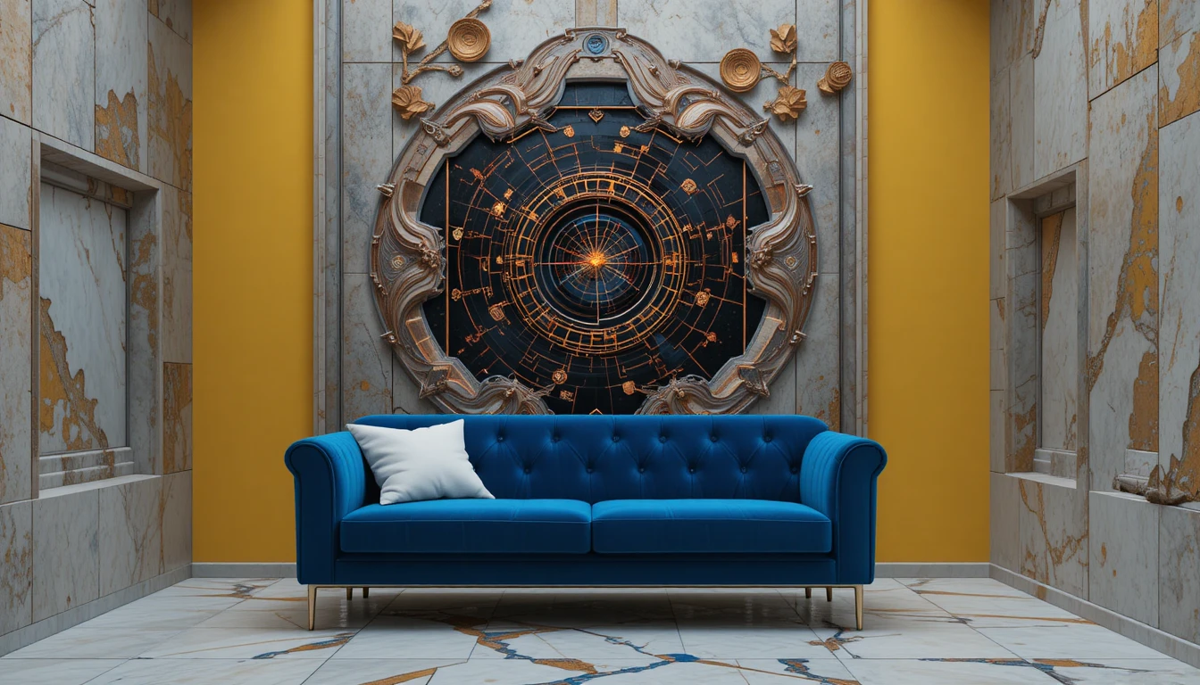 Blue velvet couch in a yellow room with landscape portal