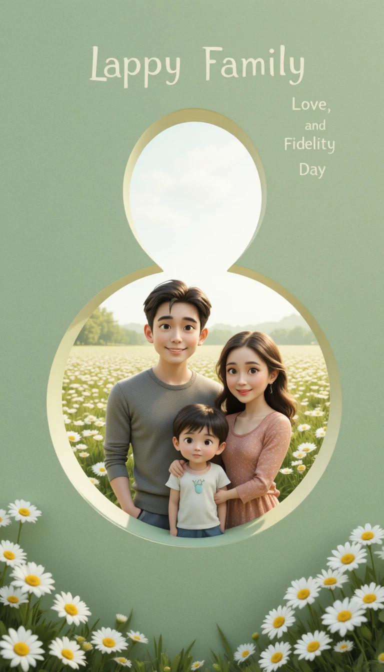 Smiling family in daisy field within paper cutout window