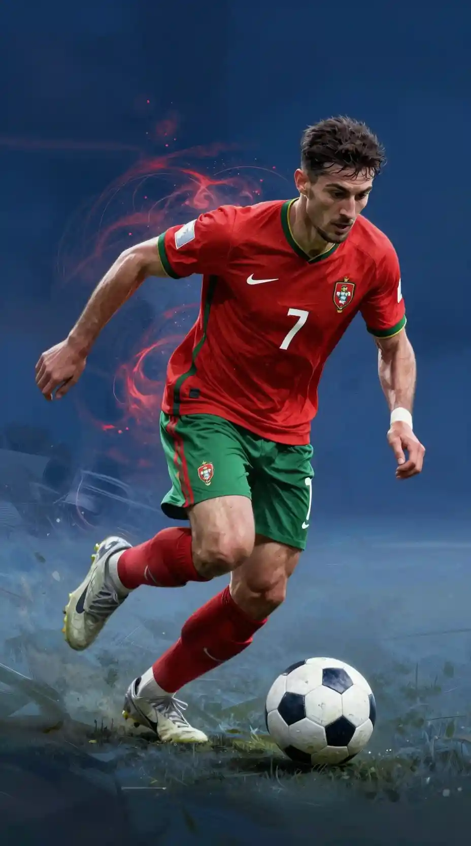 Soccer player dribbling through swirling red energy field