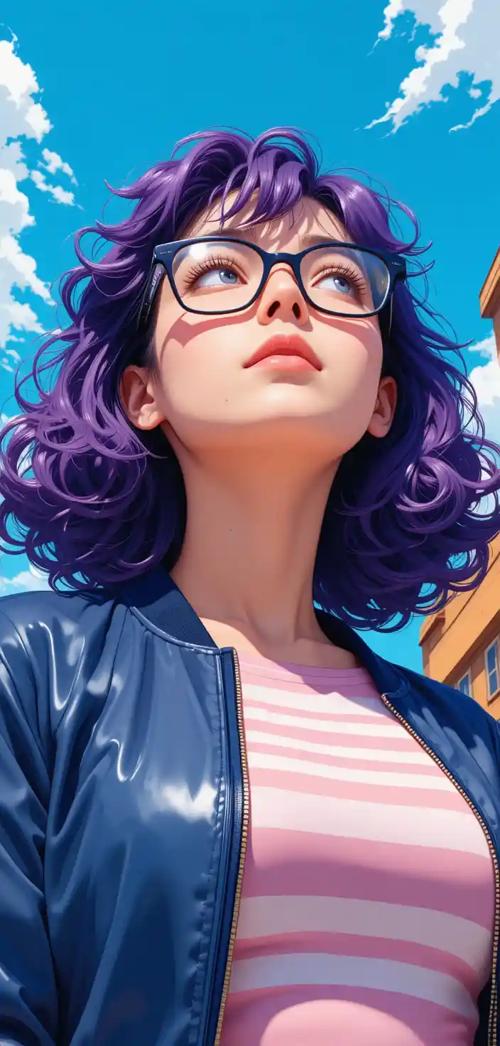 Young woman with purple hair gazing hopefully at the sky