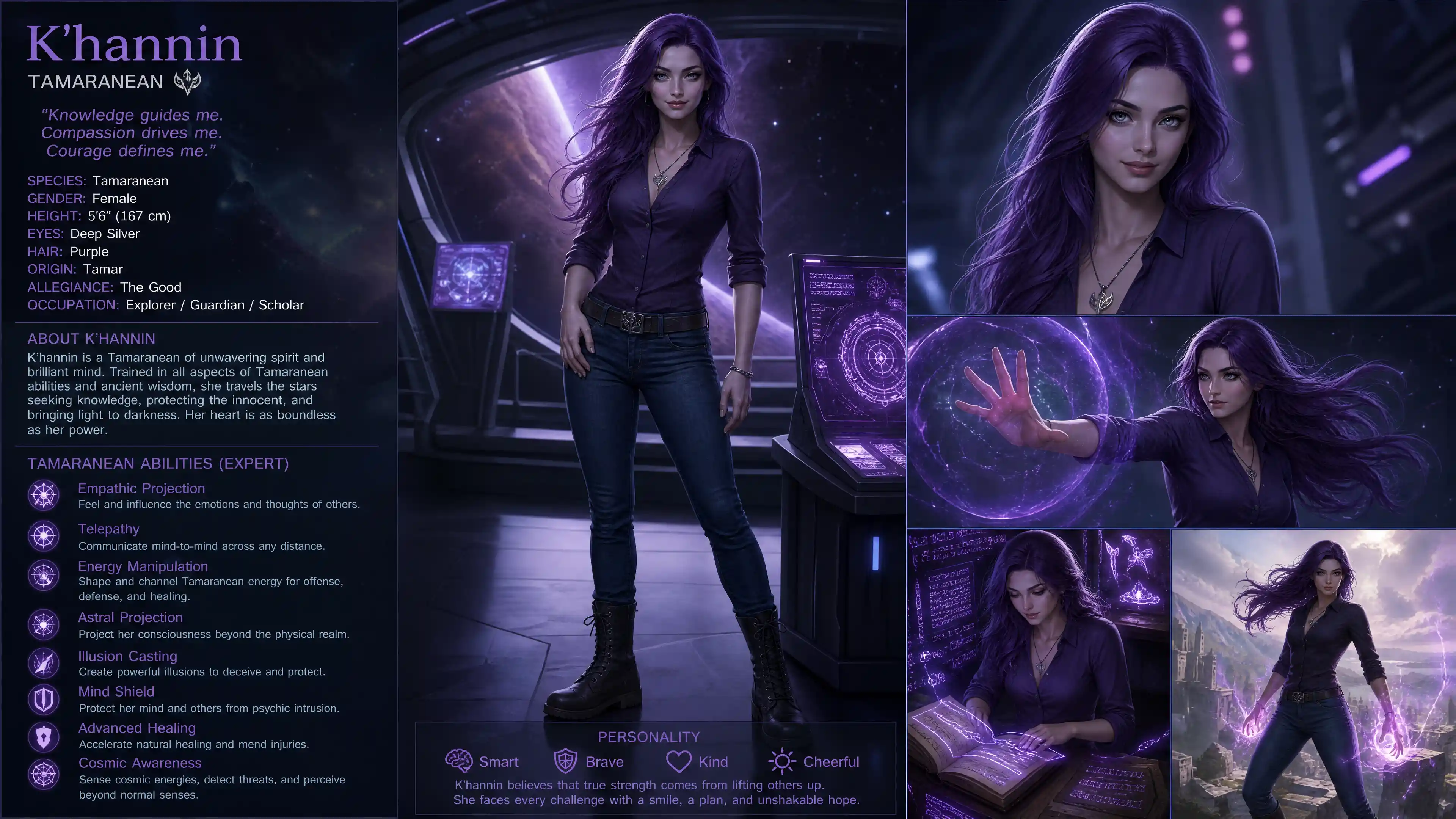 Cheerful purple haired fantasy woman in casual outfit