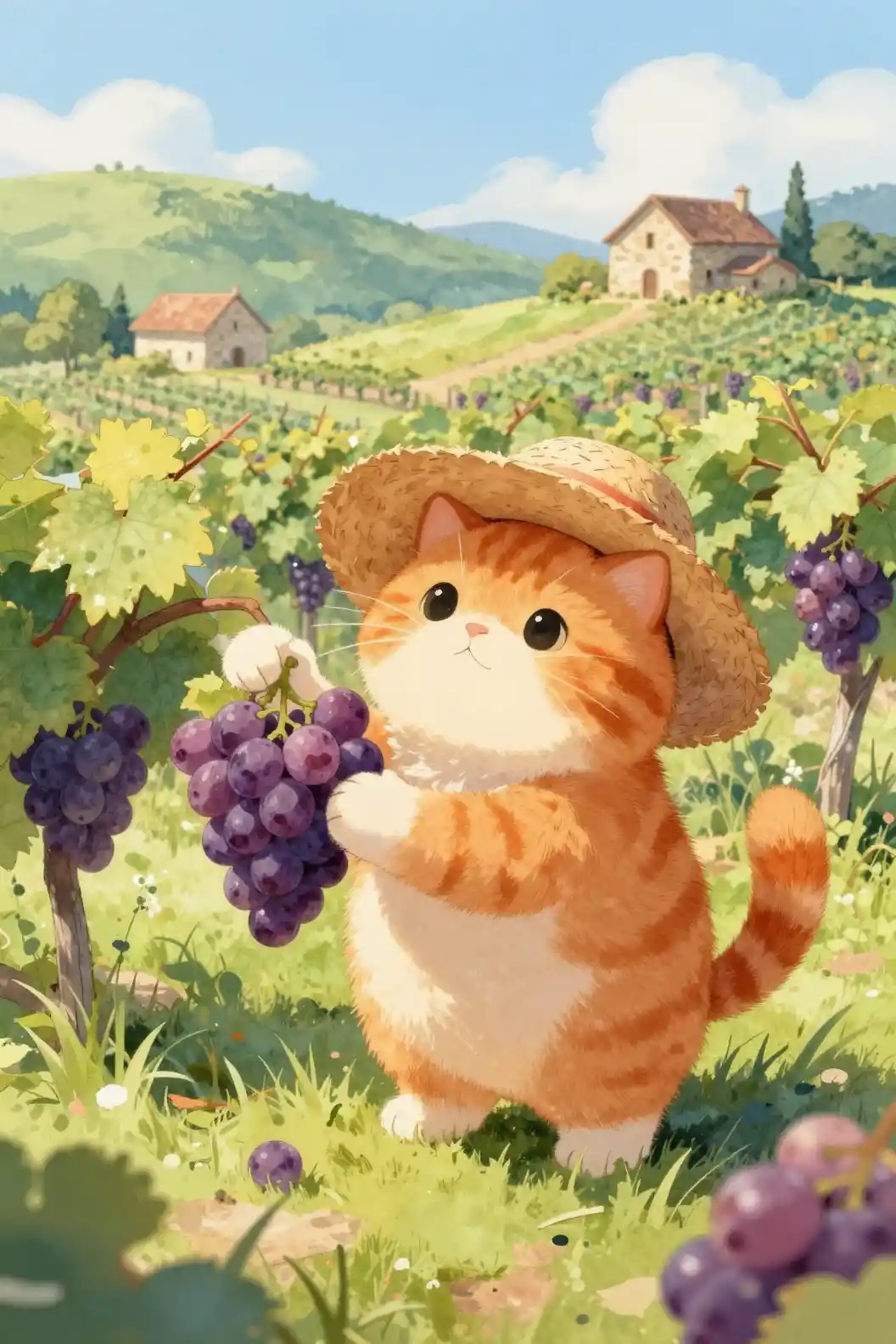 Chubby Ginger Cat Picking Grapes In A Sunny Vineyard