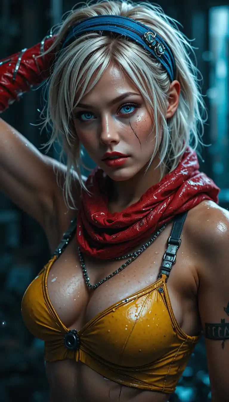 Intense wet blonde cosplayer in dramatic close up portrait