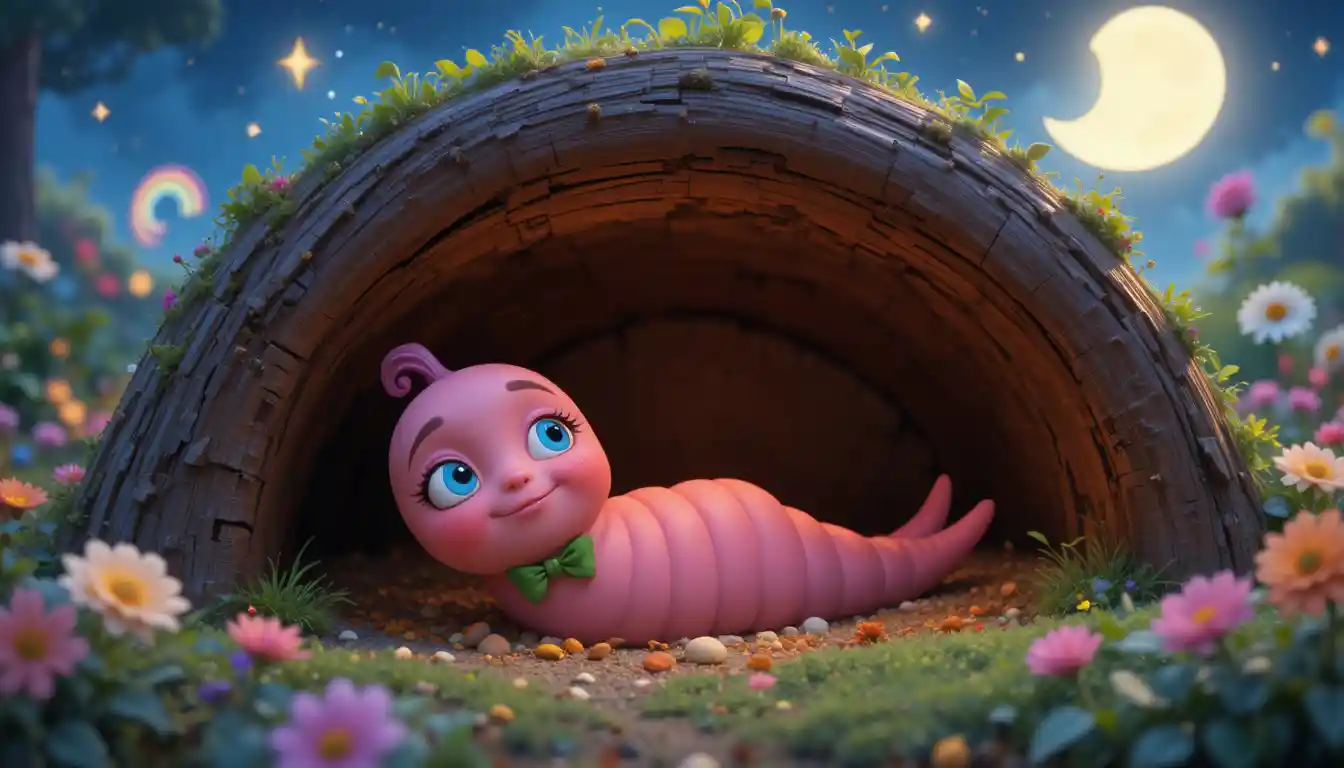 Cute worm sleeping in a cozy underground garden home