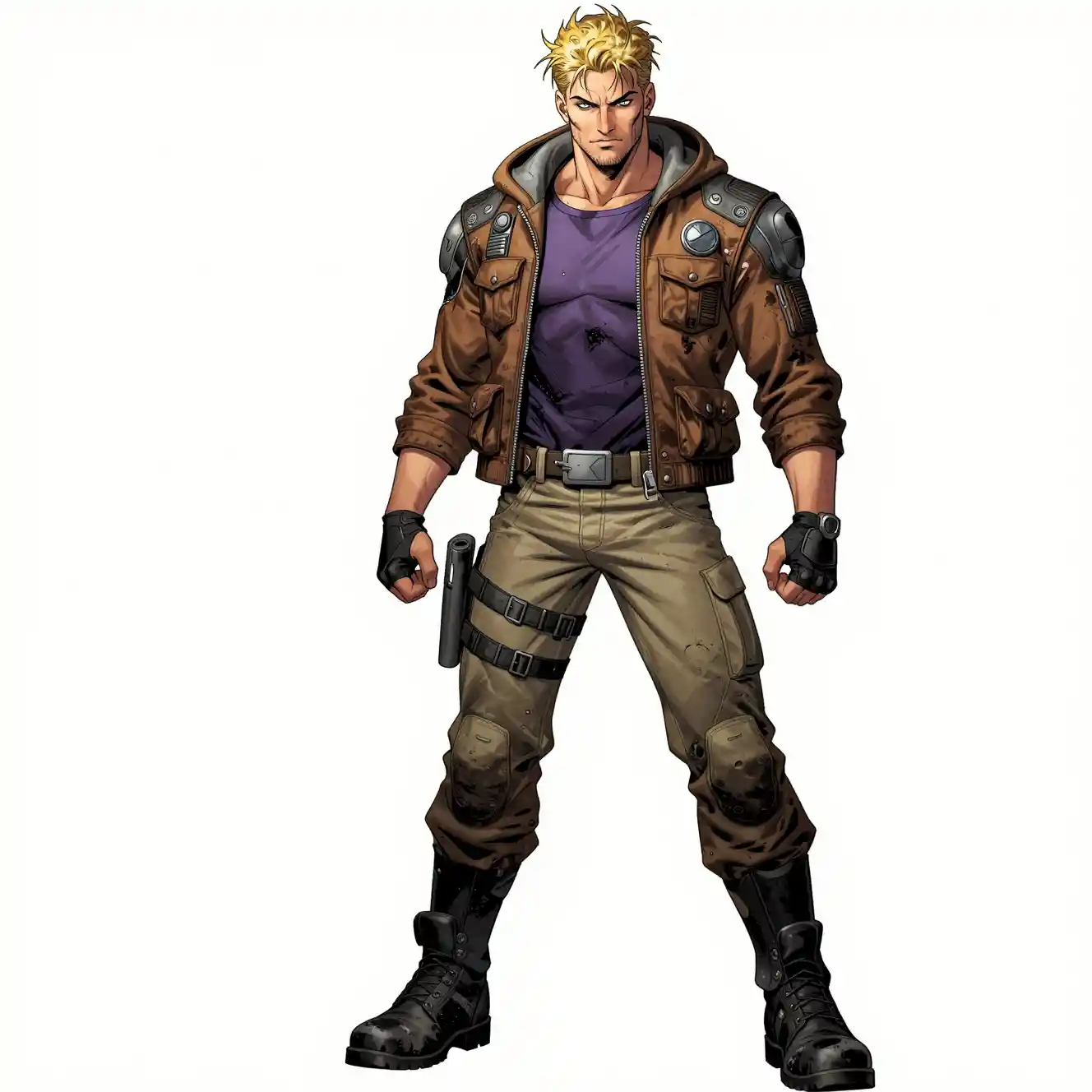 Rugged sci fi hero in patched jacket and holster