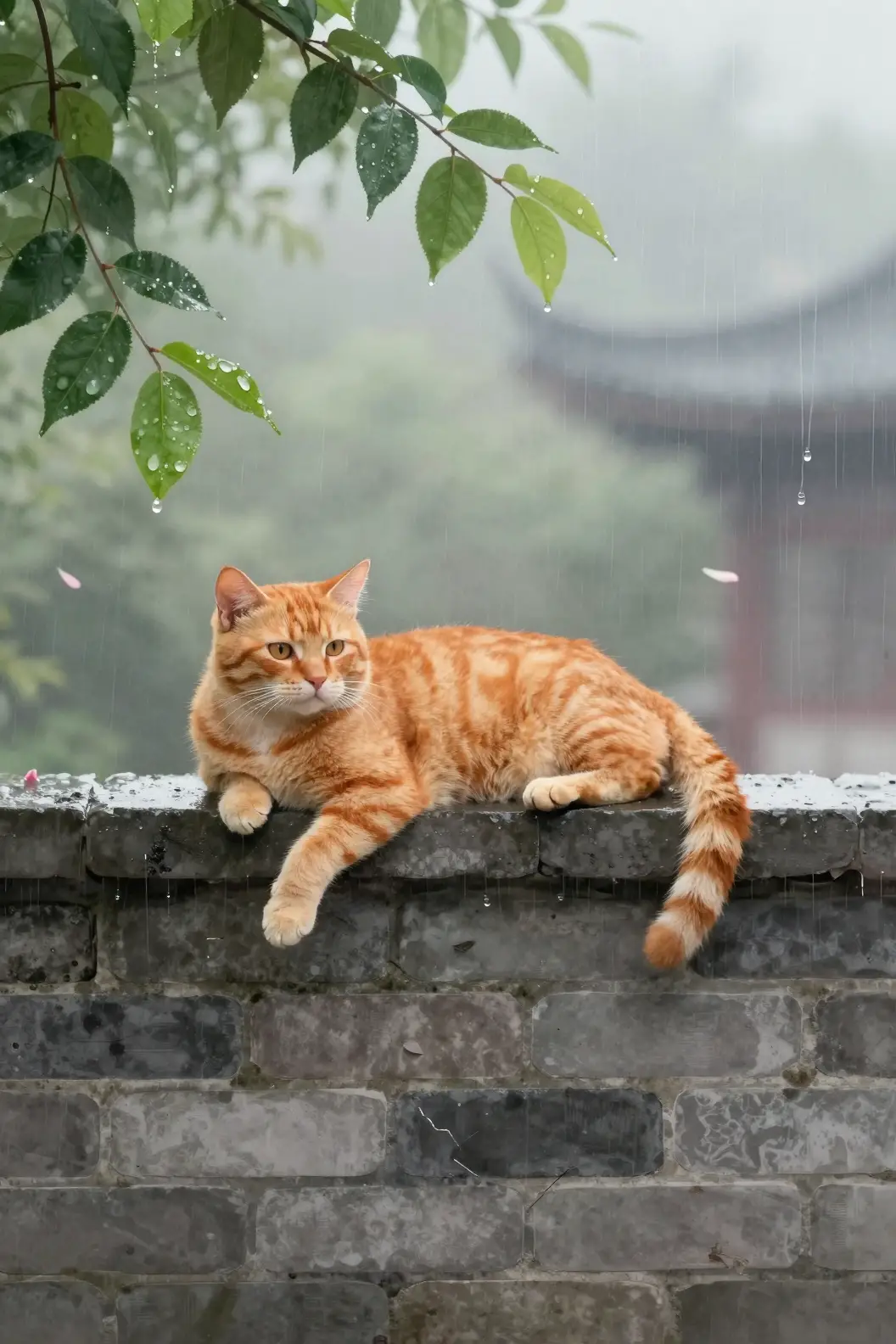 Orange tabby cat resting on a grey garden wall