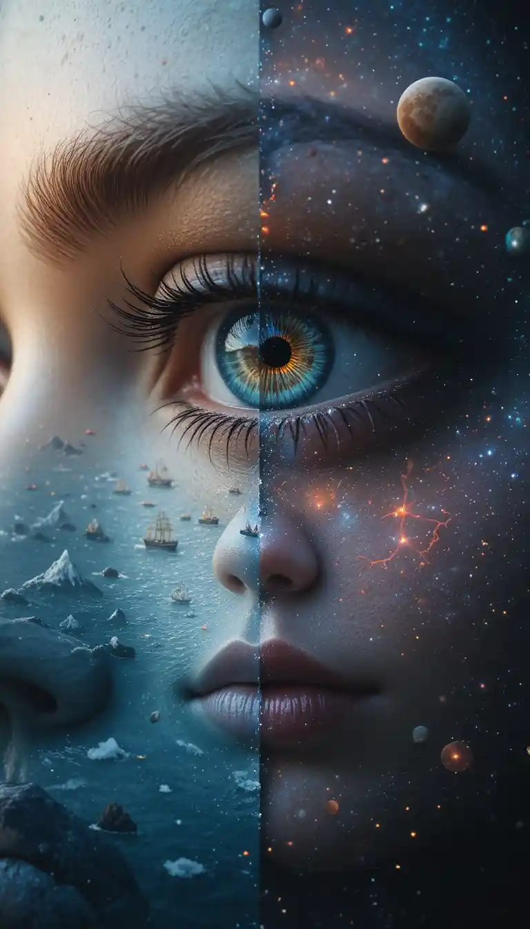Surreal portrait with oceans and galaxies in realistic eyes