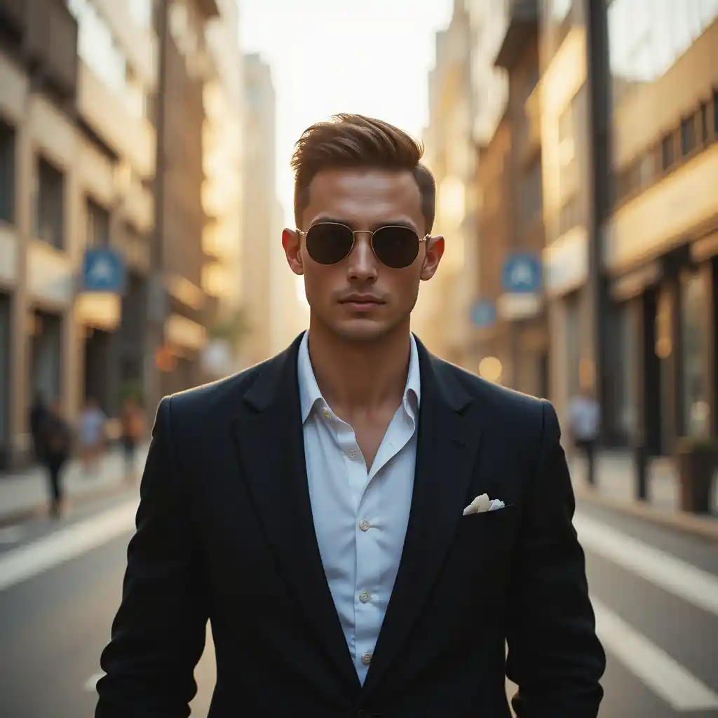 Confident young man walking on modern city street
