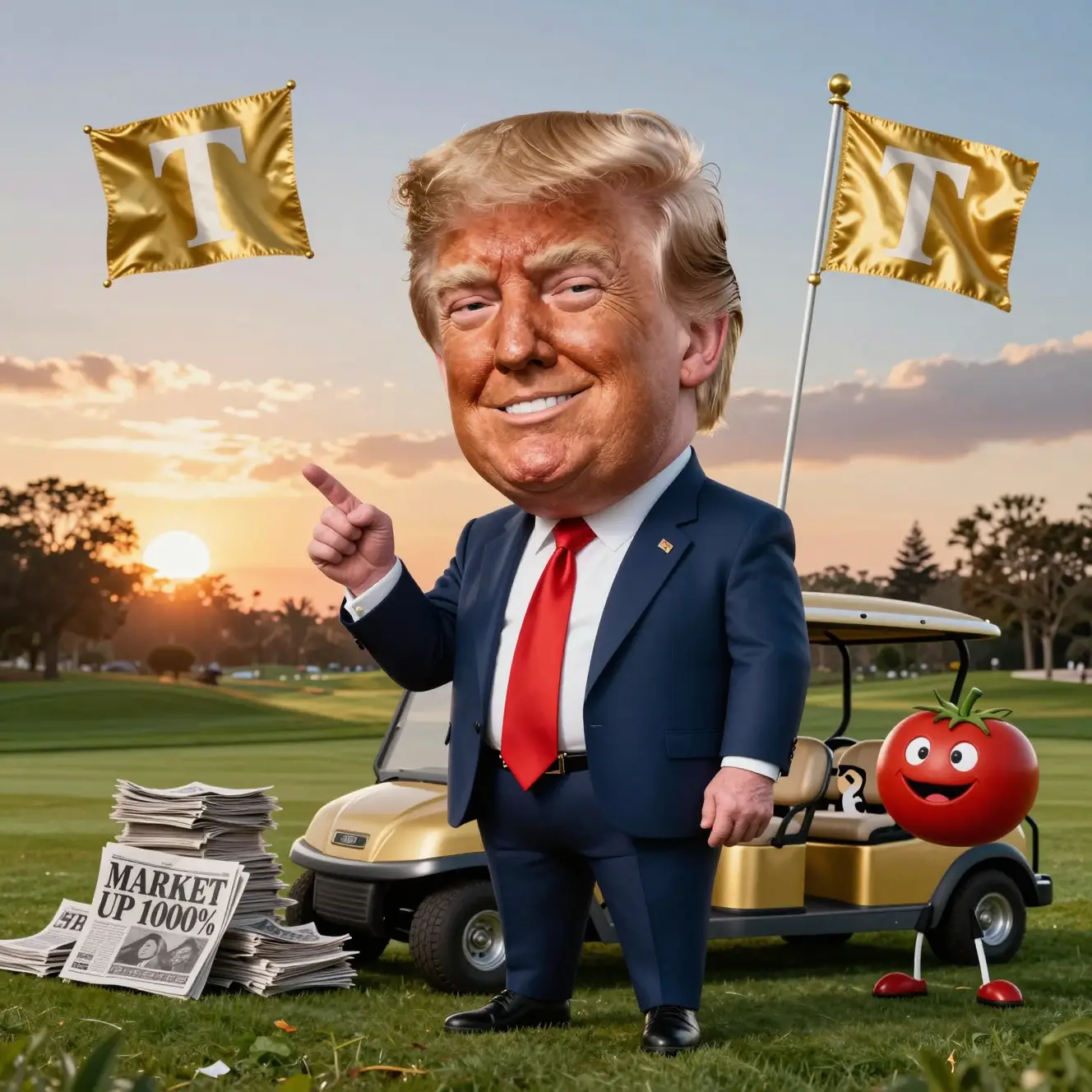 Caricature of a billionaire politician on luxury golf course