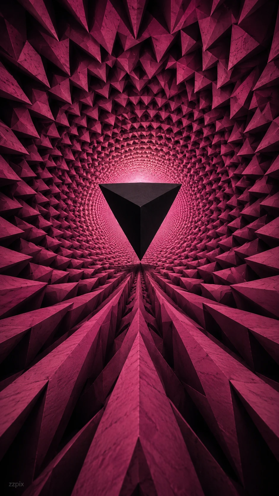 Pink geometric vortex spiraling into a central black void