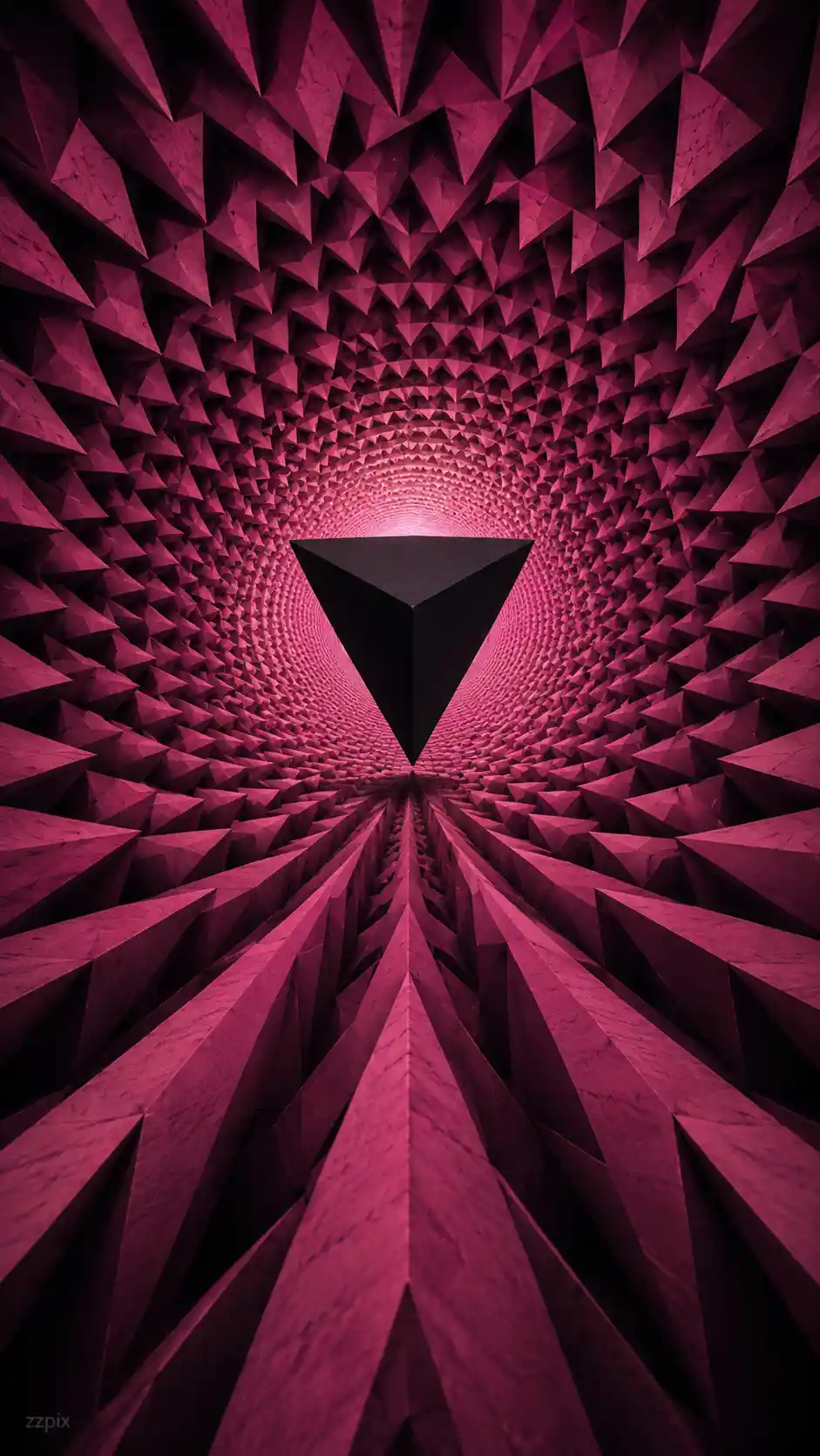 Pink geometric vortex spiraling into a central black void
