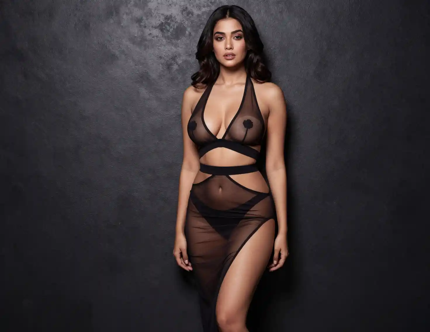 Full body Nepali woman posing in sheer party dress