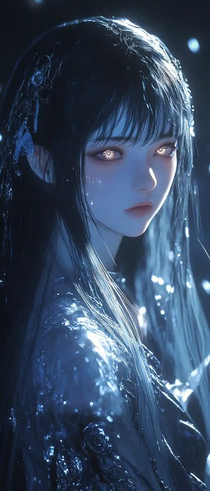 Sad 3D anime girl in glowing armor robe