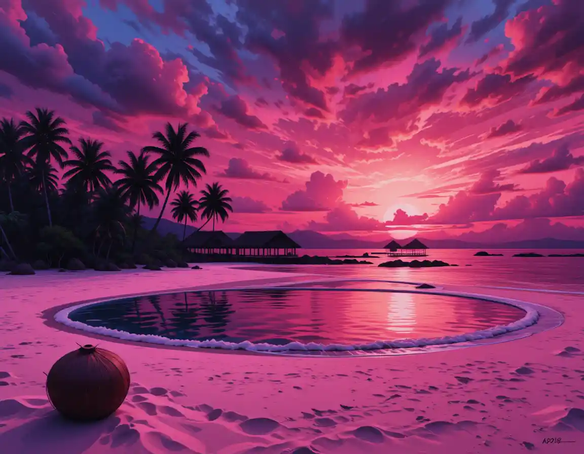 Gouache sunset over a tropical Maldivian shoreline