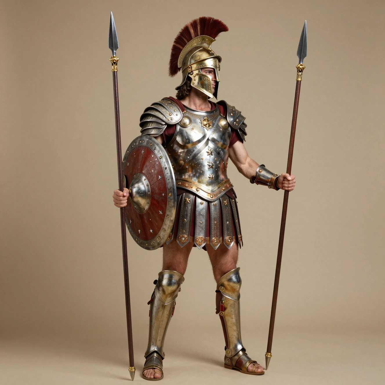 Armored warrior buckling greaves and lifting a great shield