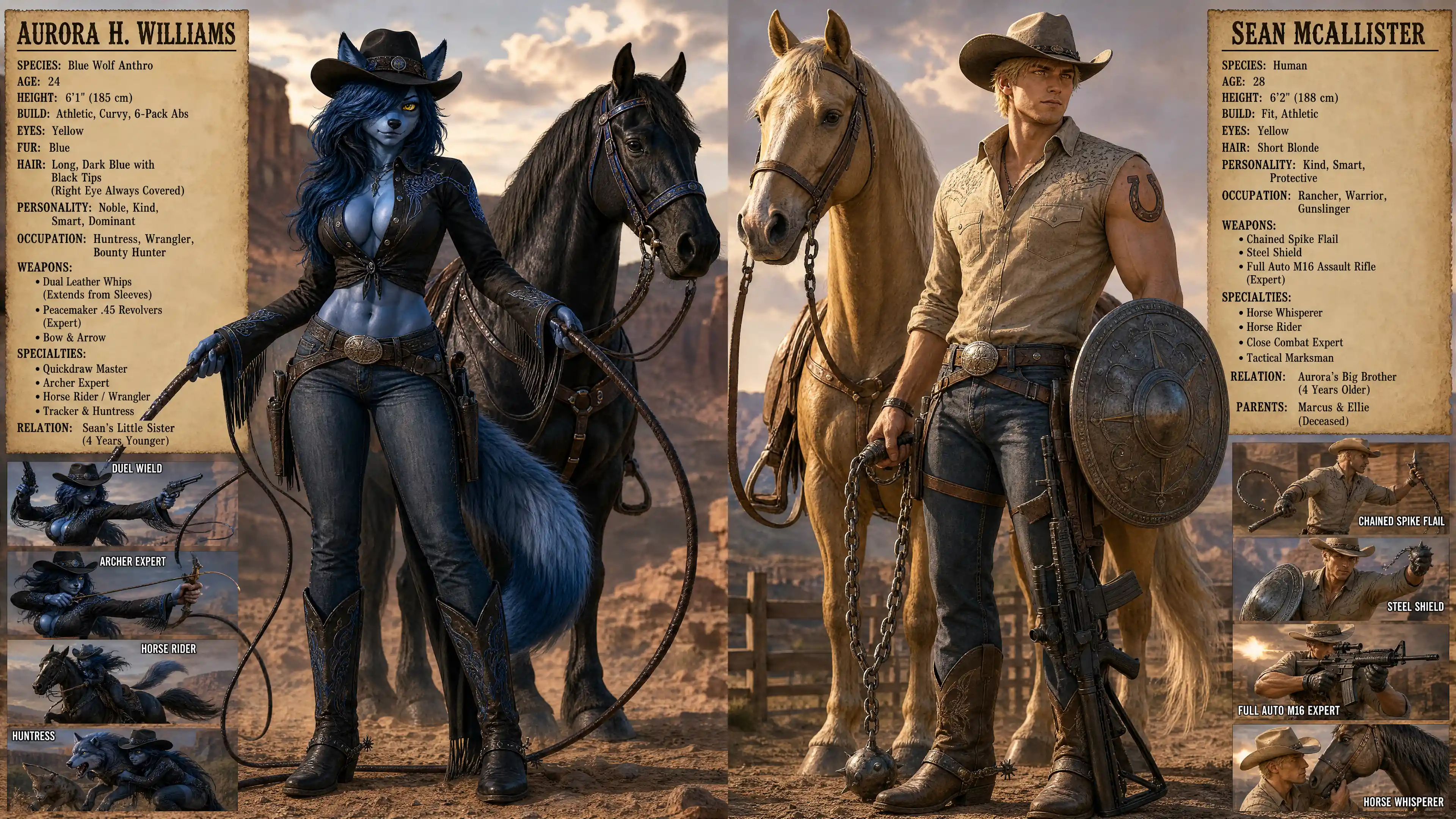 Guerriera cowgirl lupo blu anthro con revolver e frusta