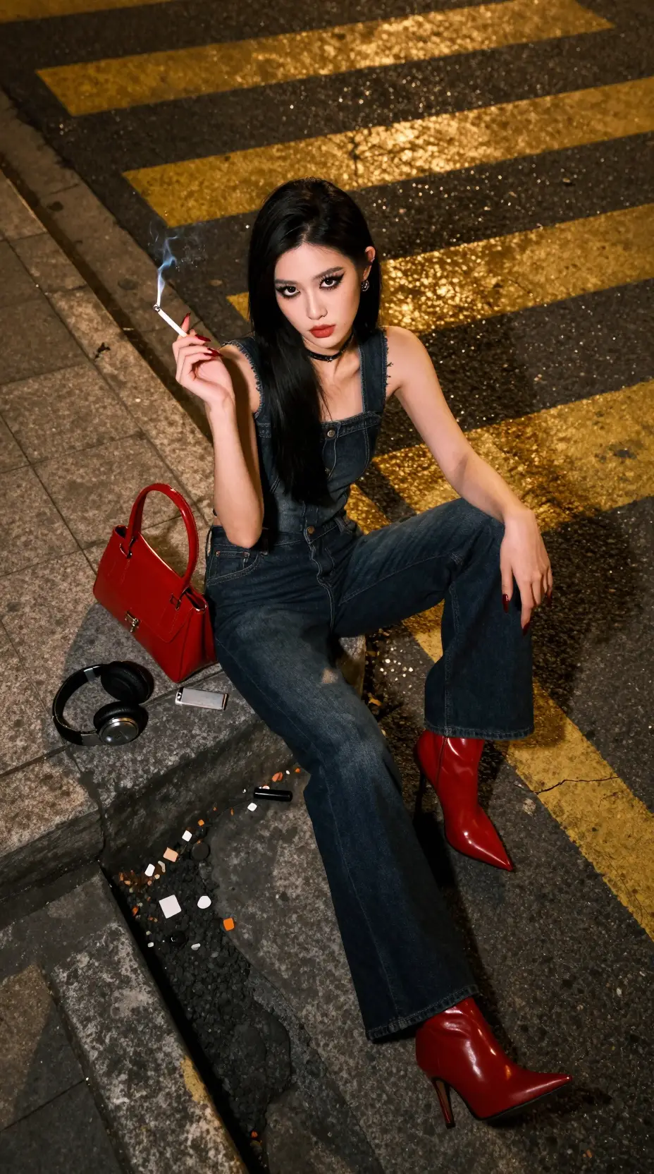 French woman smoking on a gritty city street at night