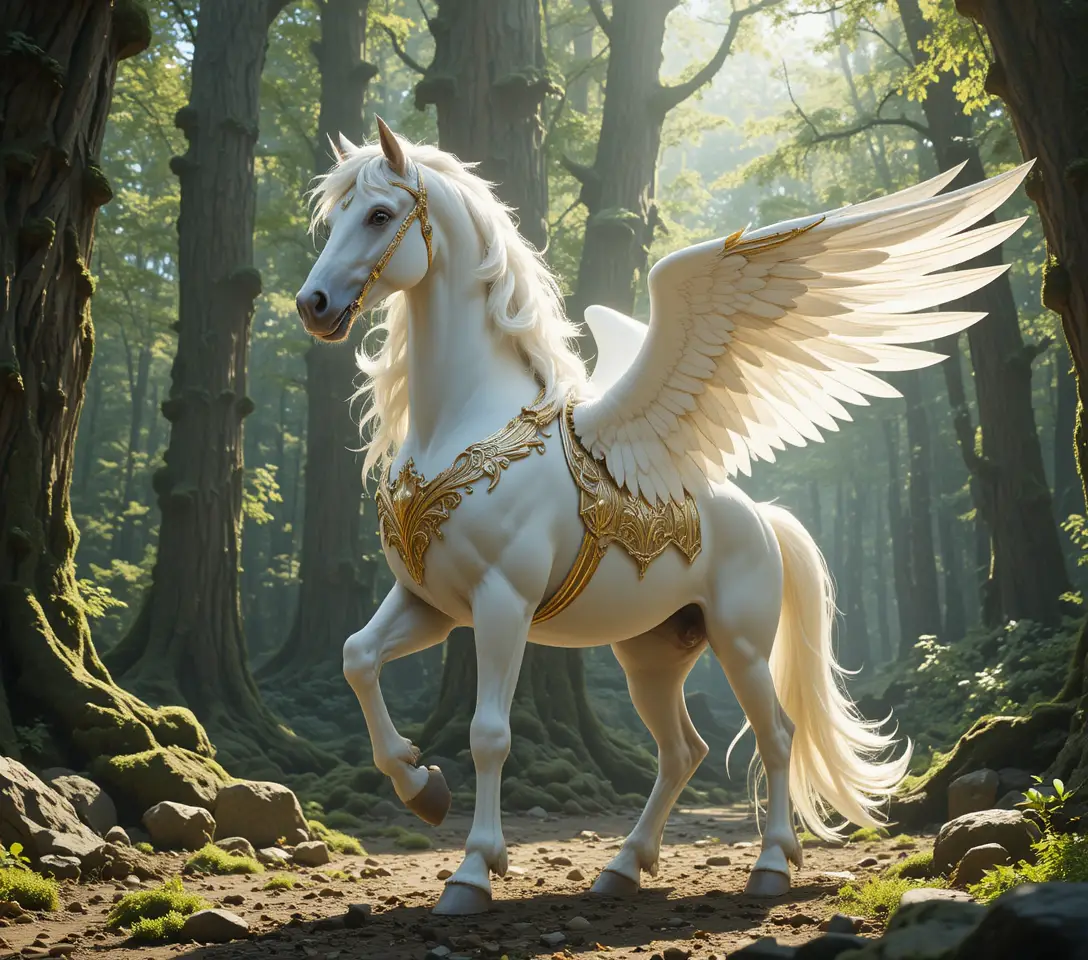 White pegasus in golden armor in a sunlit forest