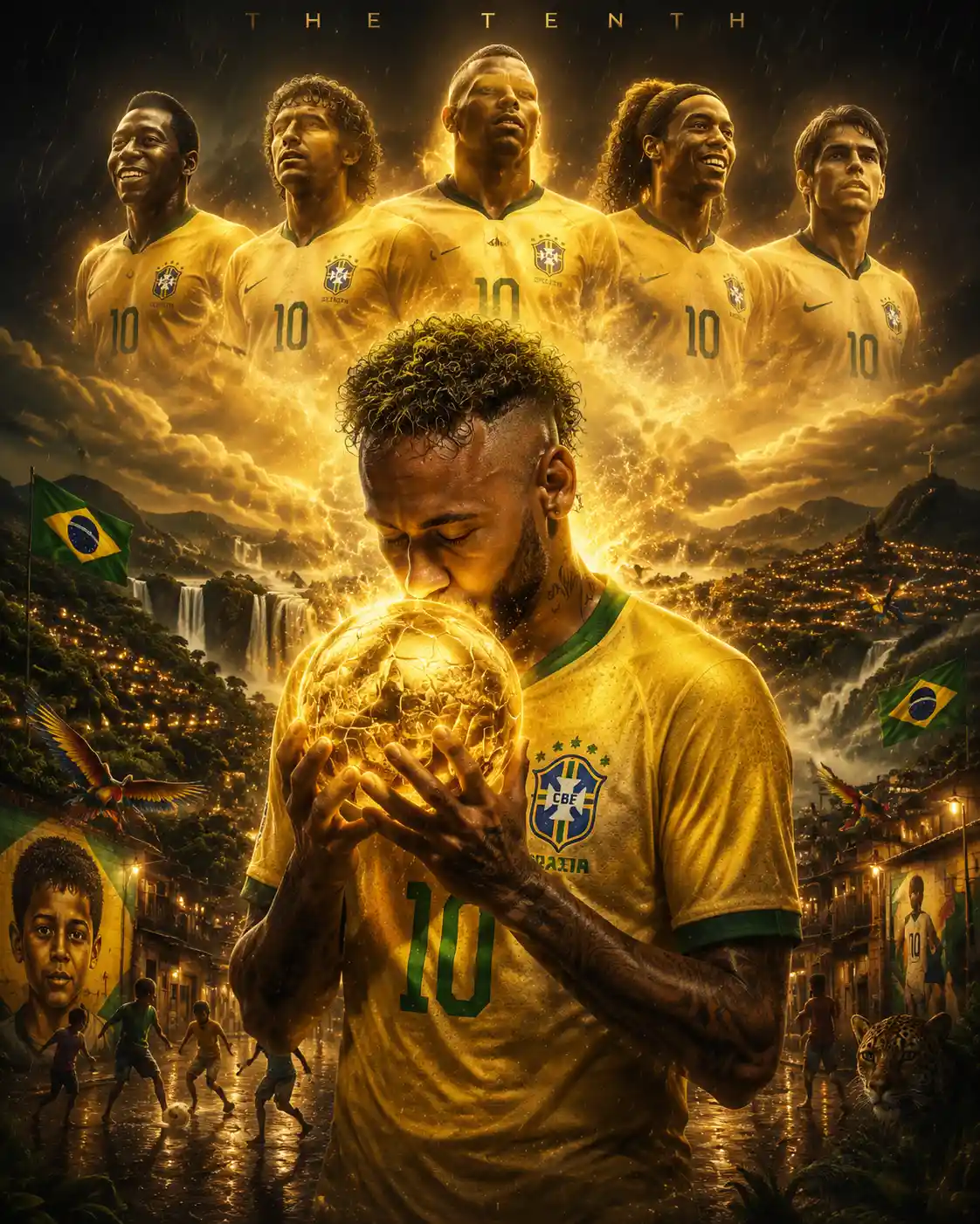 Soccer legend kissing glowing ball in rainy stadium night