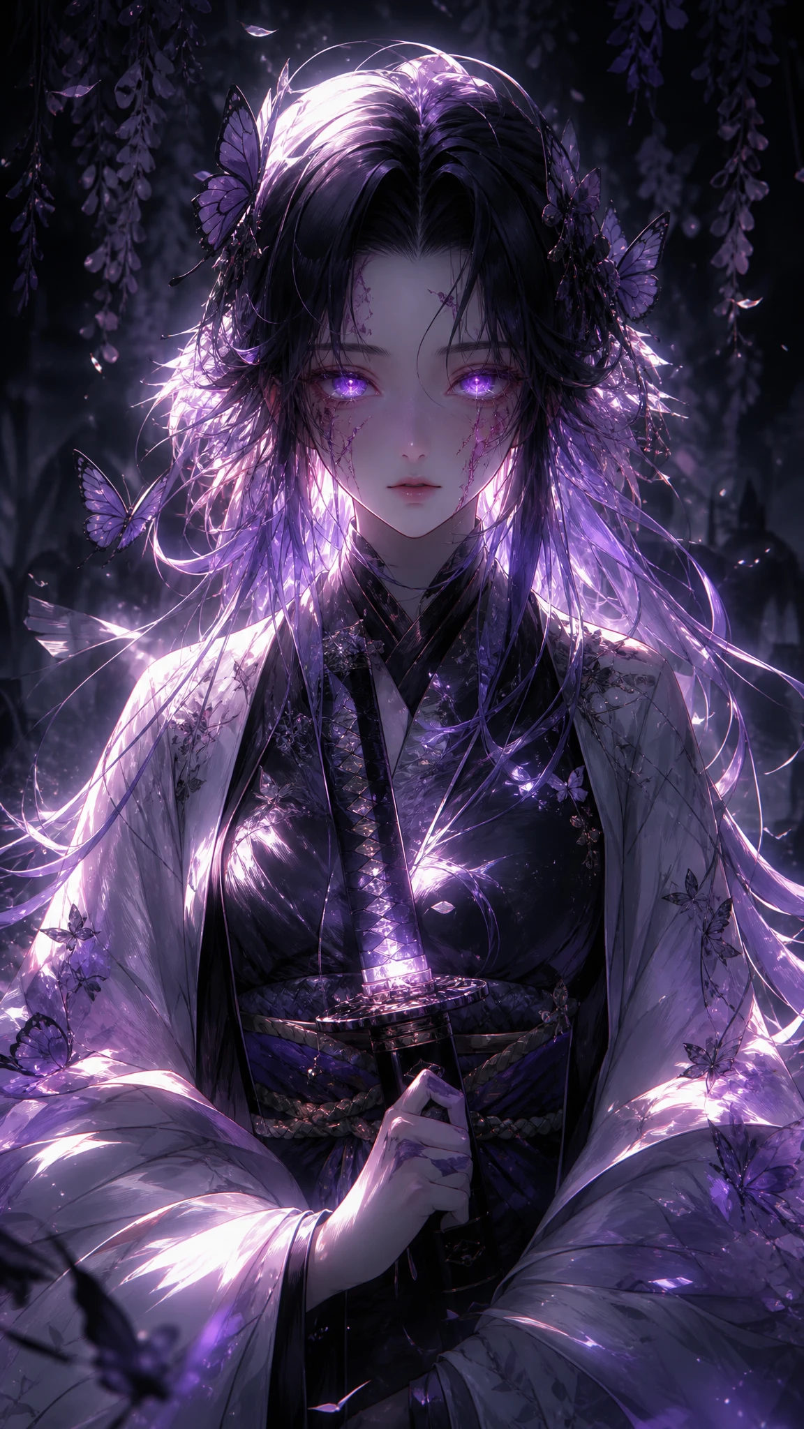 3D-Anime-Mädchen mit leuchtenden Augen in düster-trauriger Szene