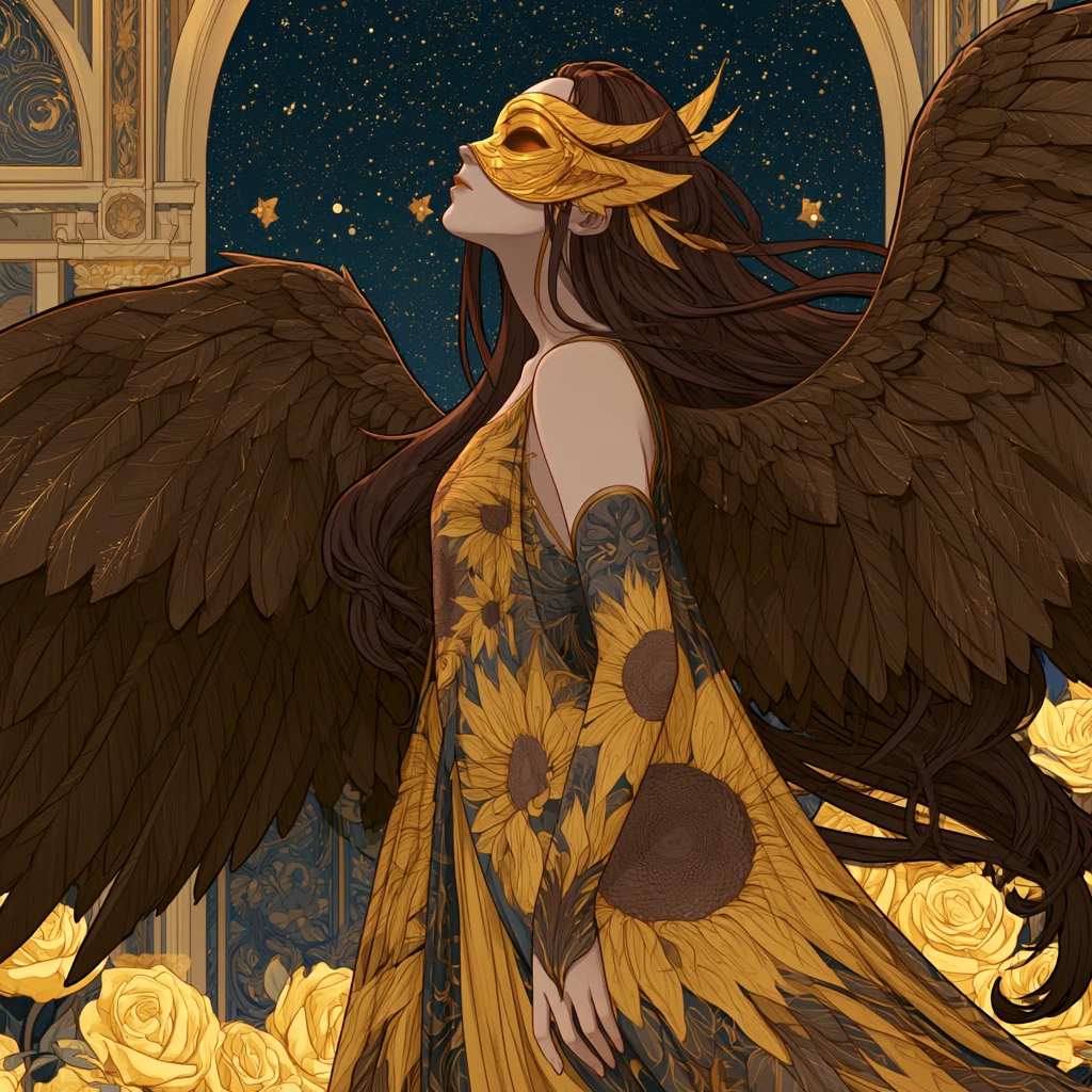 Melancholic Angel In A Grand Ballroom Under Starlit Sky