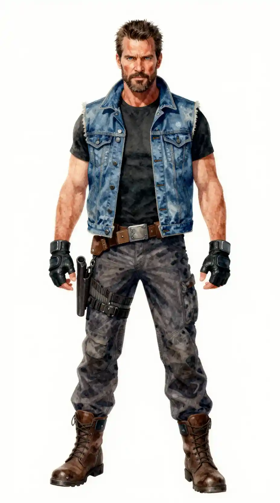 A seasoned spacefaring hero in worn futuristic gear