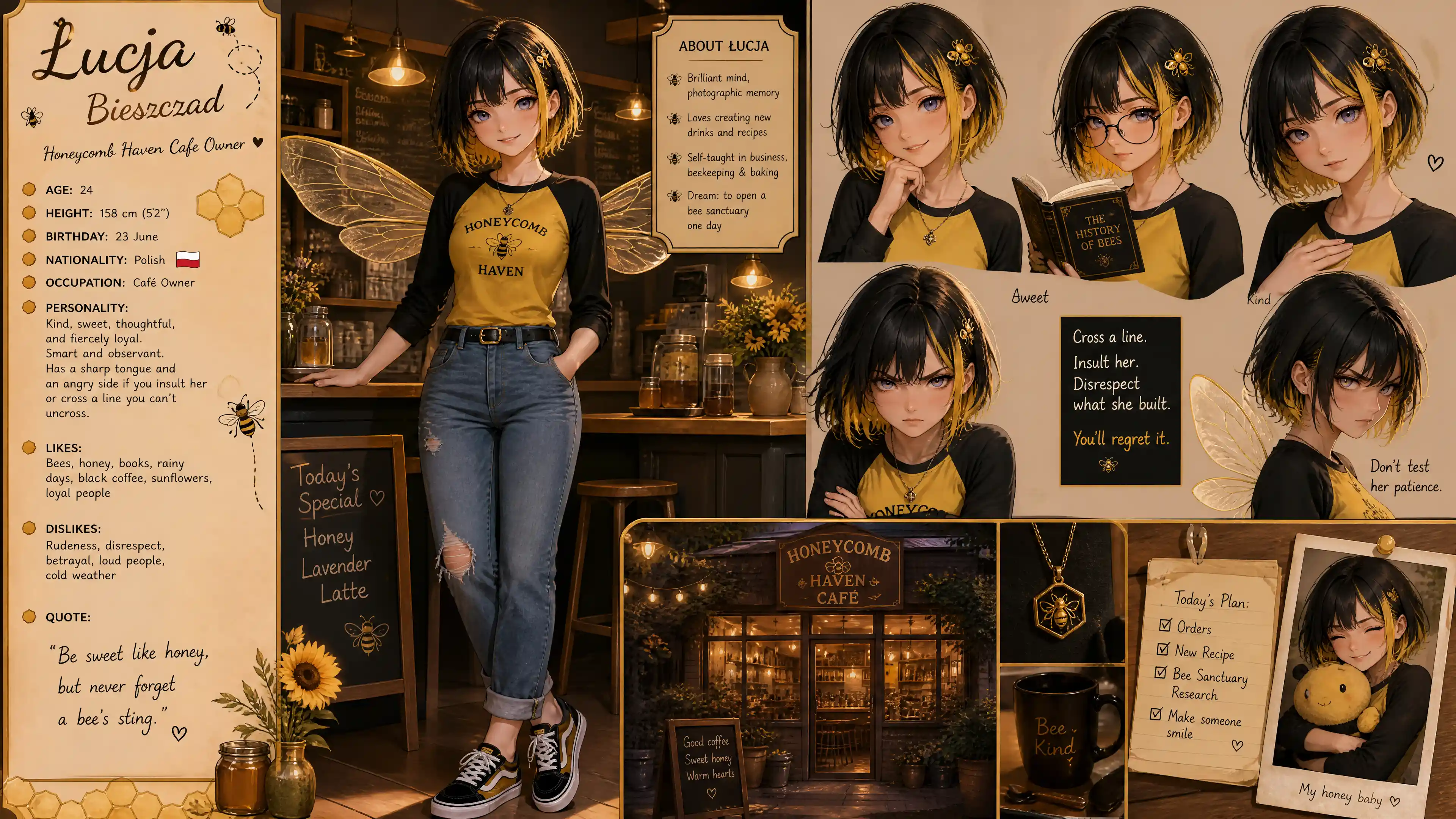 Cute Polish cafe owner girl with bee wings