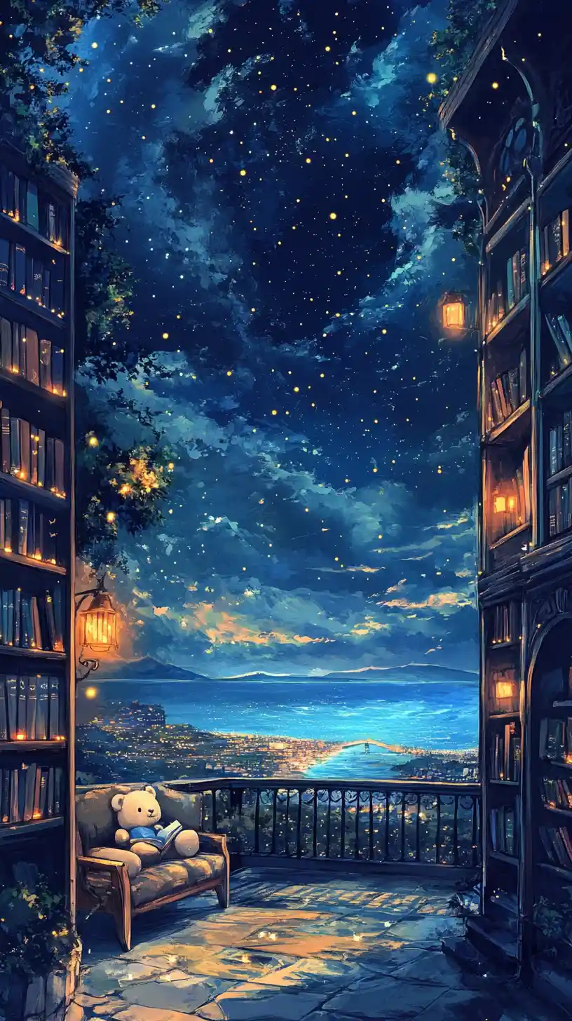 Teddy bear on balcony with books under starlit night sky