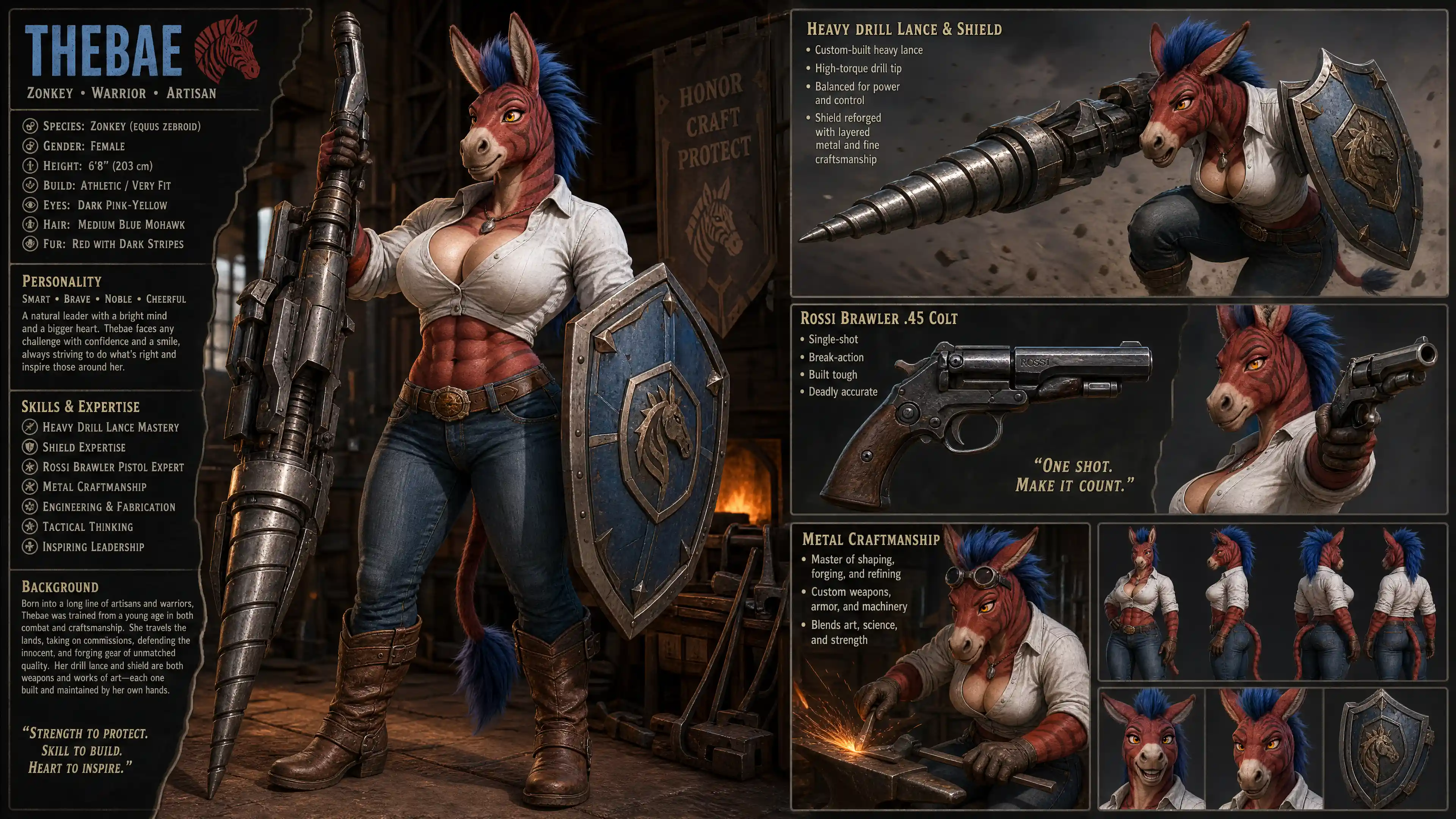 Cheerful red fur zonkey warrior woman with drill lance