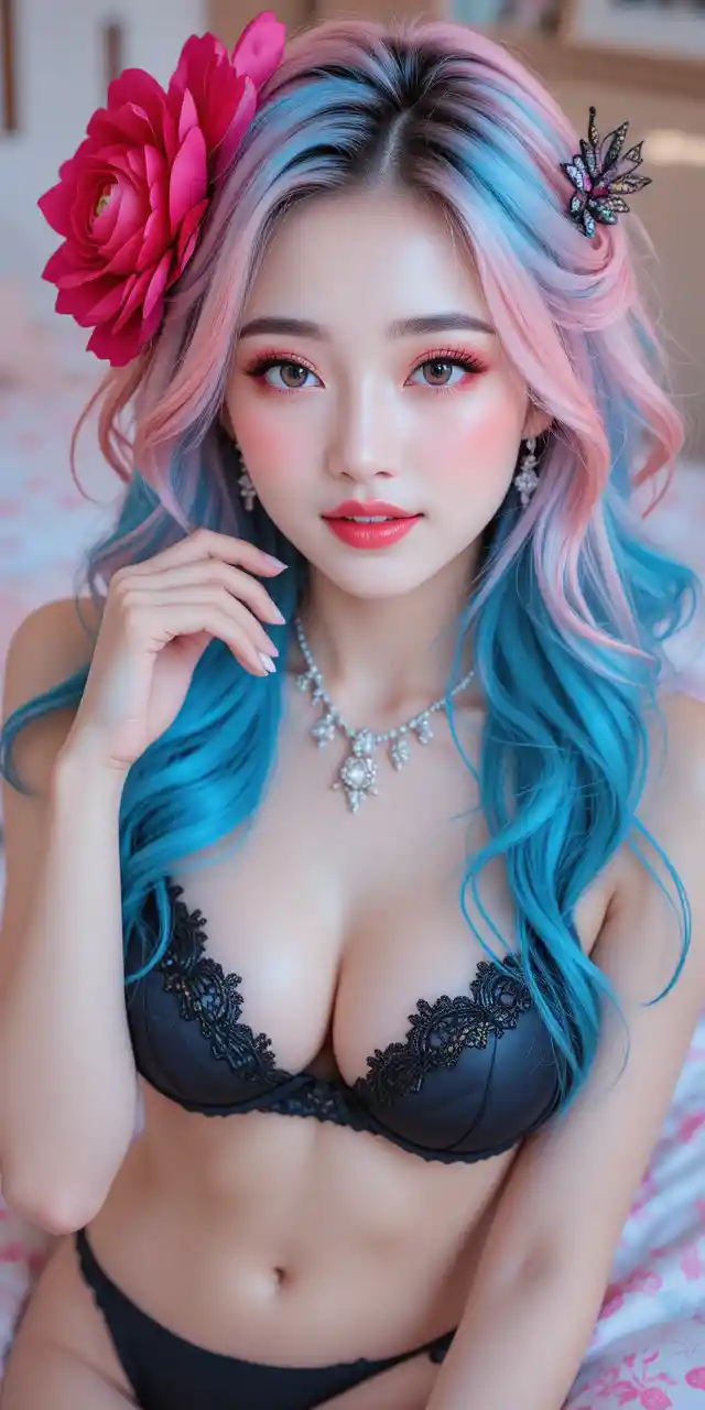 Beautiful Chinese girl with neon blue hair on bed
