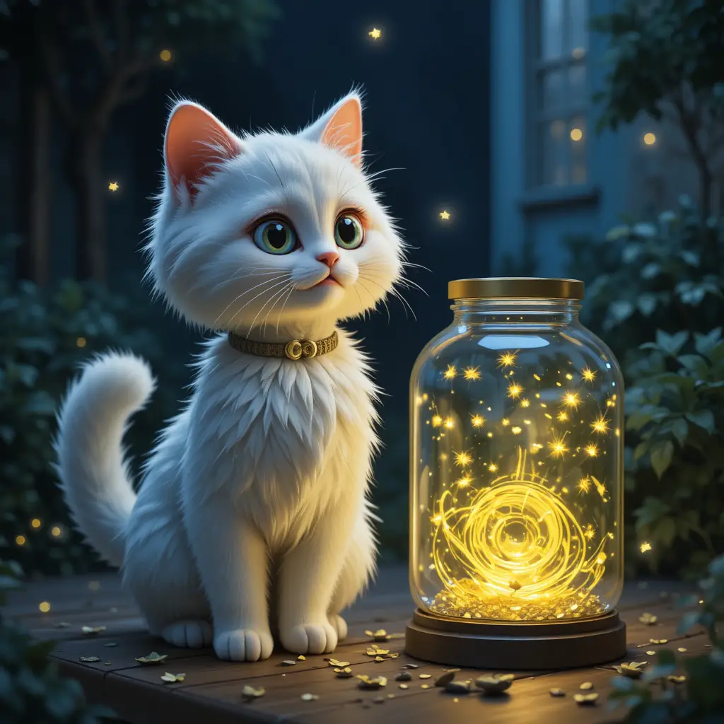White cat beside glowing firefly jar on a quiet night