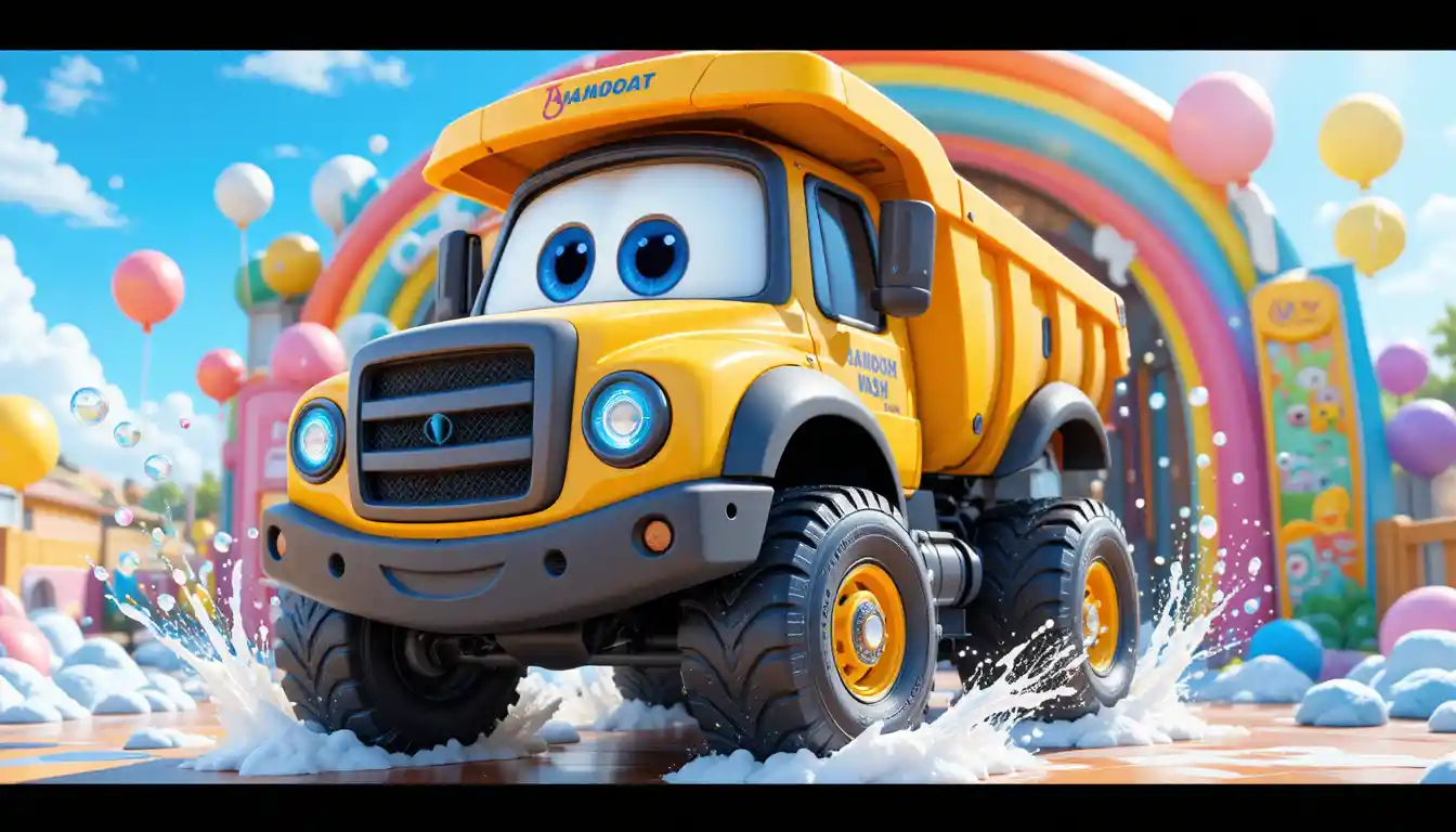 Happy yellow dump truck entering colorful rainbow car wash