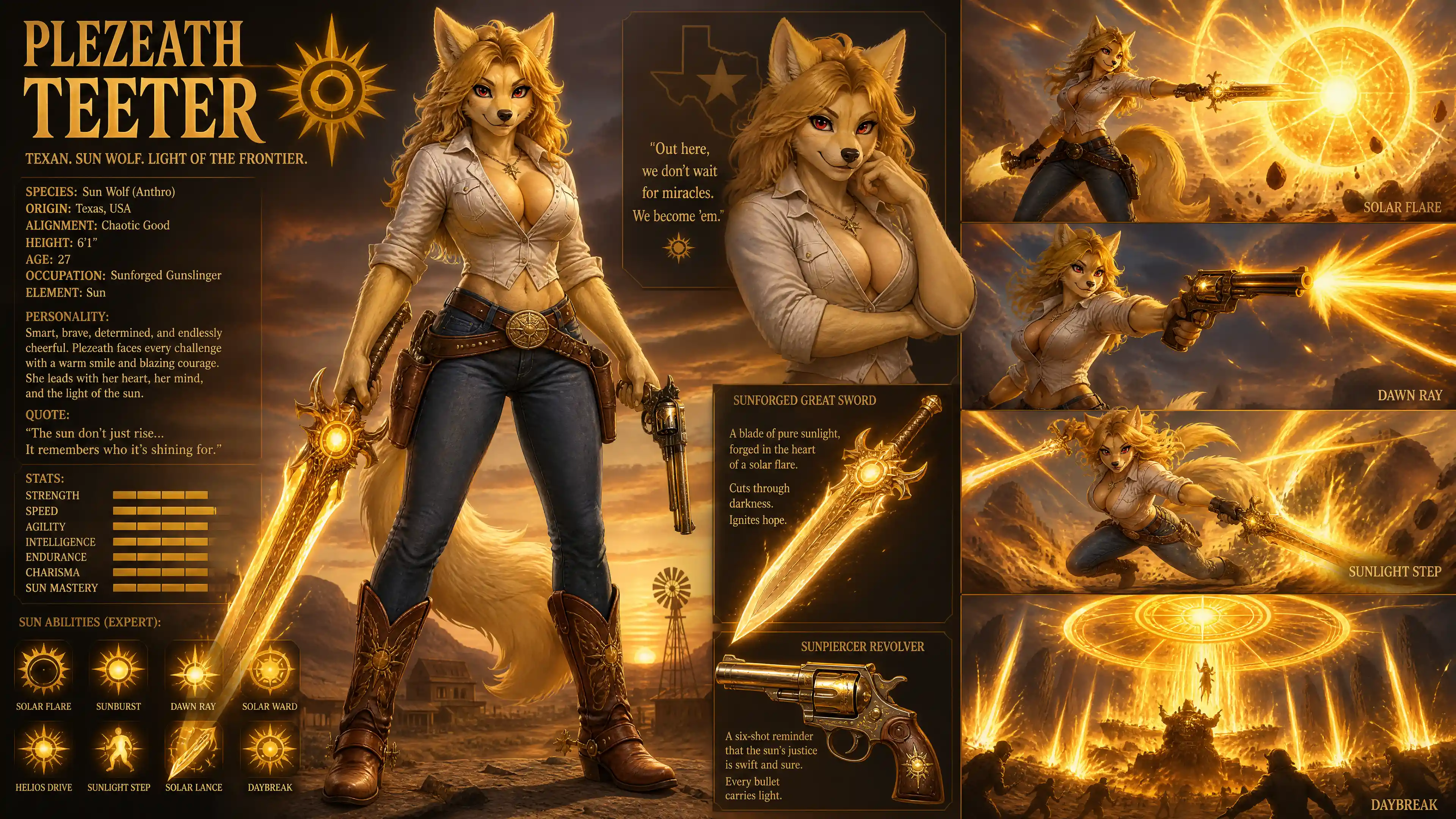 Cheerful sun wolf warrior woman with sword and revolver