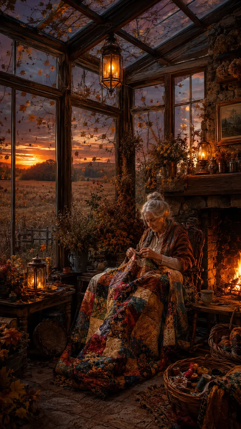 Elderly Woman Sewing By Fireplace In Rustic Conservatory