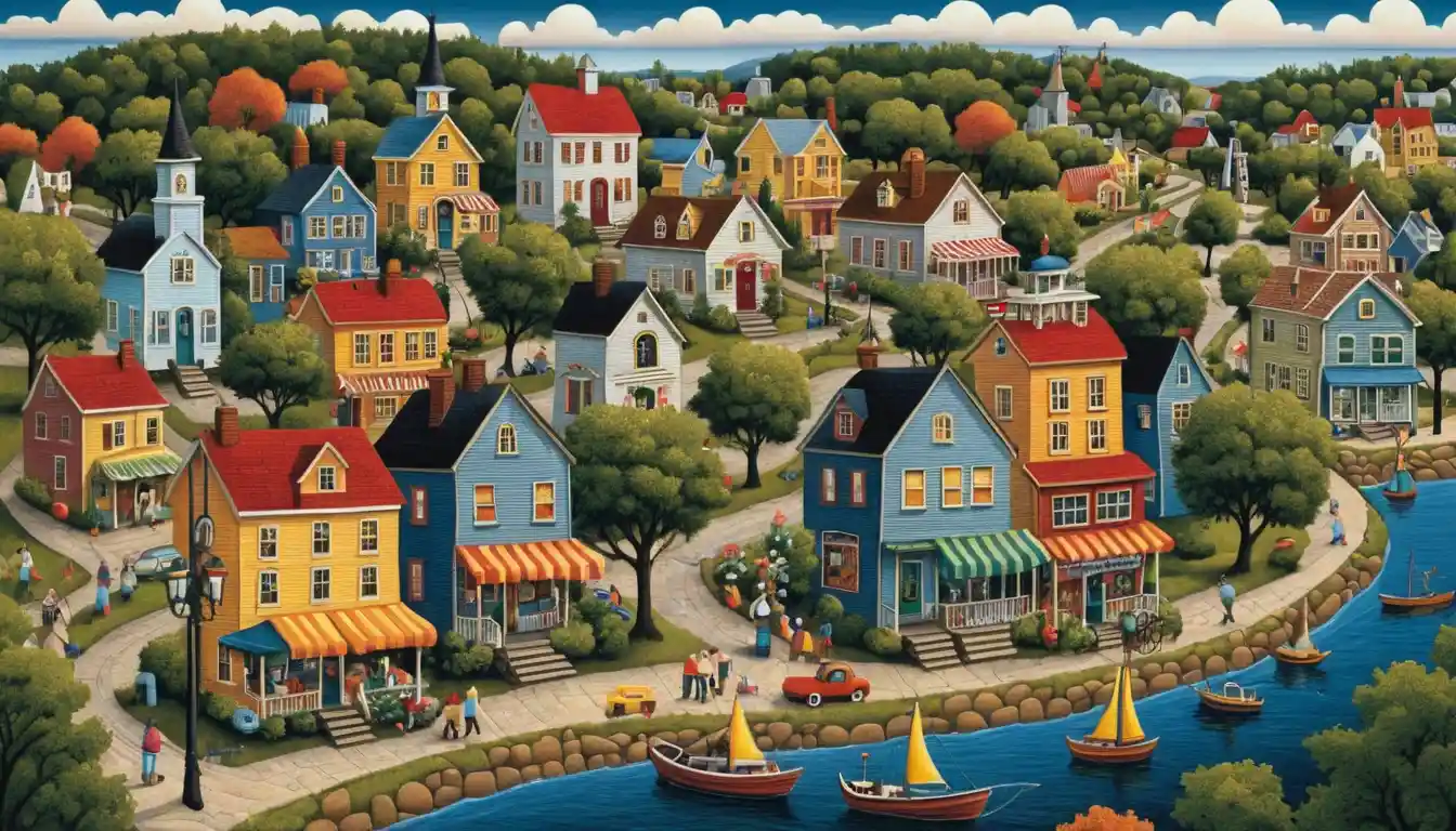 Whimsical summer town street with colorful decorated buildings