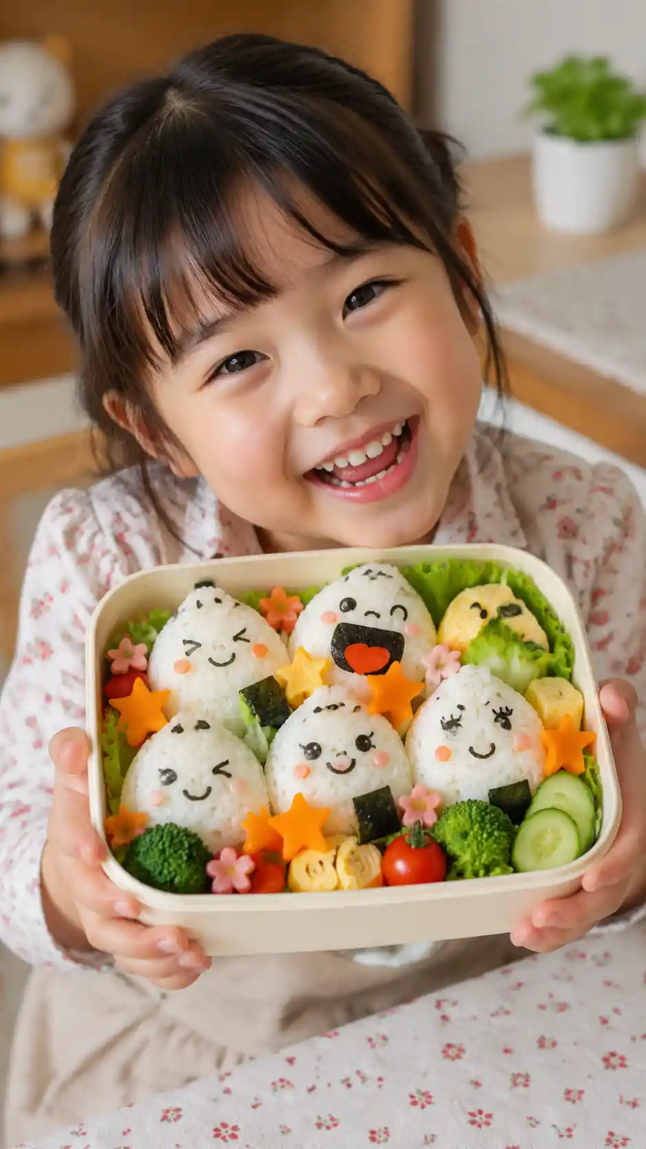 Bambino sorridente che tiene orgoglioso un bento giocoso