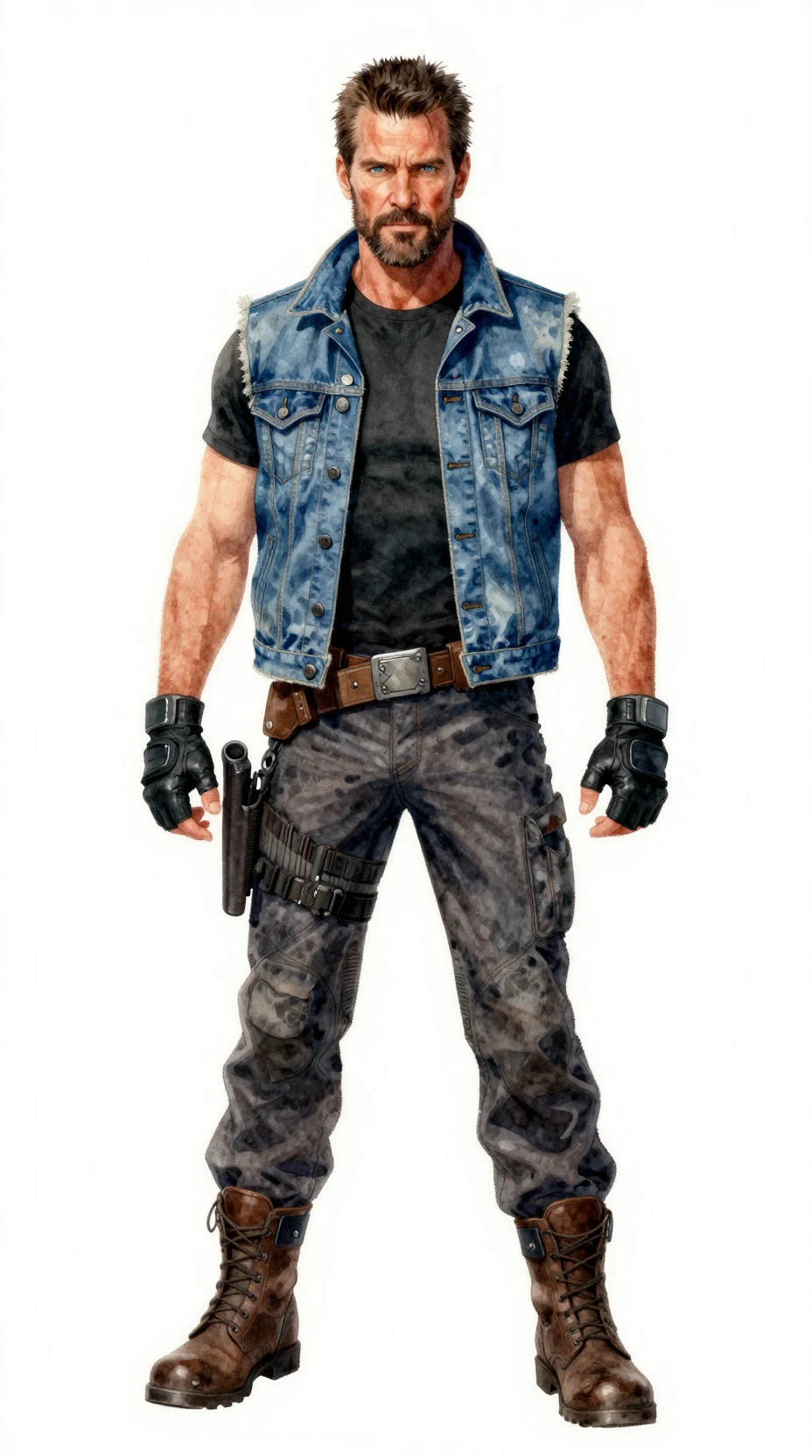 A seasoned spacefaring hero in worn futuristic gear