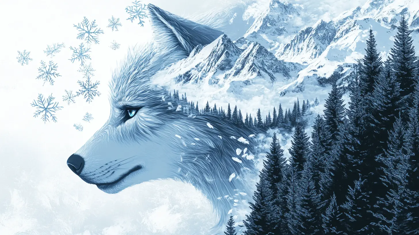 Surreal Wolf And Woman Formed From Snow And Mountains