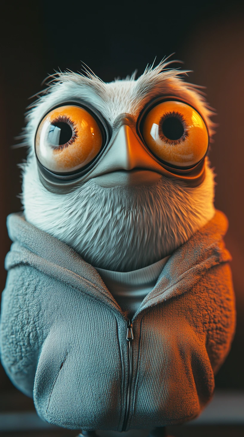 Cinematic 3D anthropomorphic character with smug expressive eyes