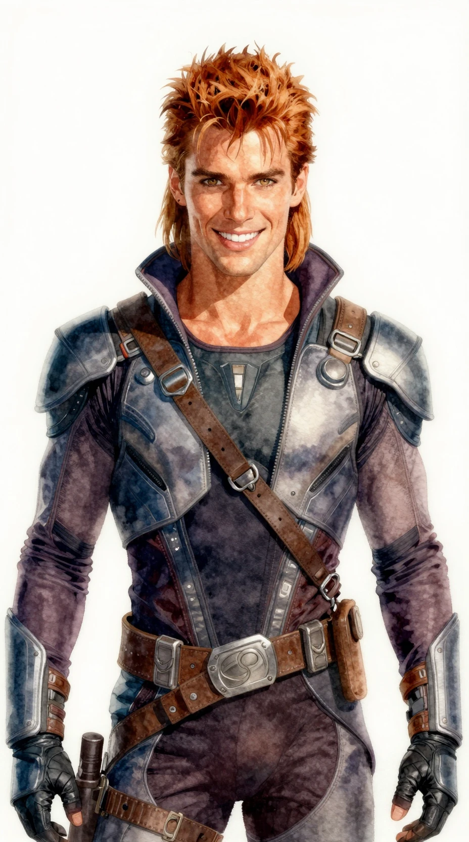 Confident young space hero posing on white background