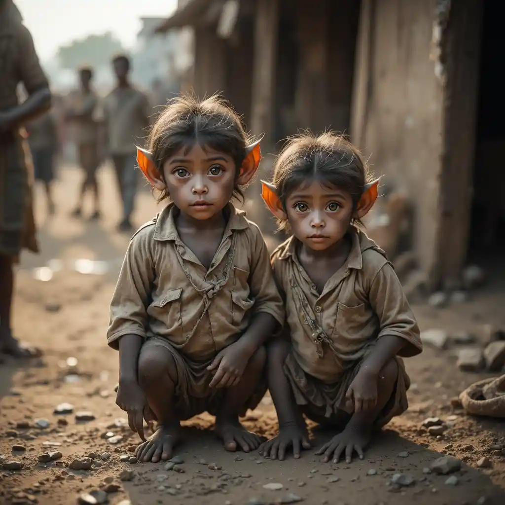 Young monkeys in worn clothes in a poor village morning