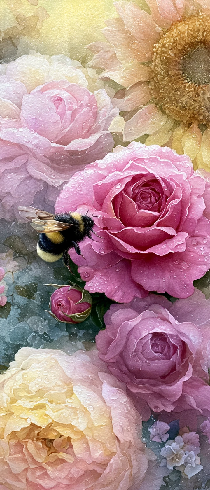 Tiny bumblebee in a dreamy oversized flower garden