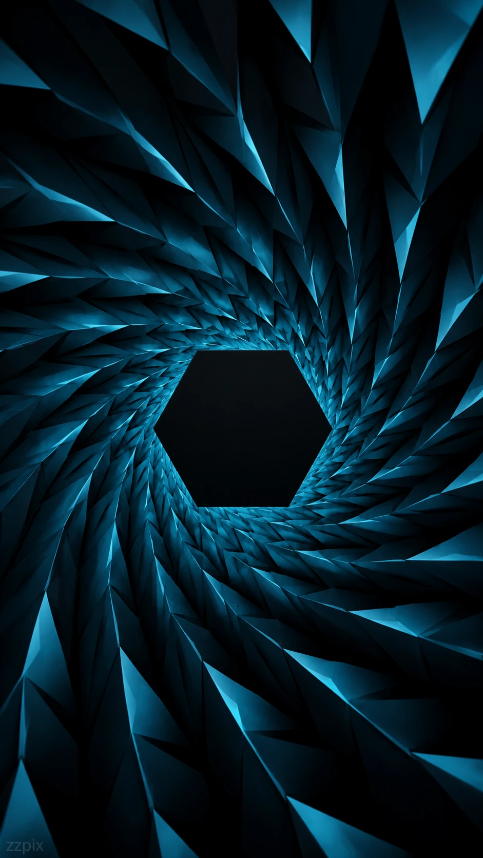 Cyan geometric vortex spiraling into a dark central void