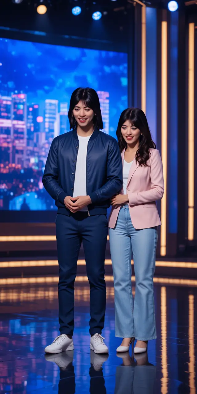 Two presenters on a blue lit television studio stage