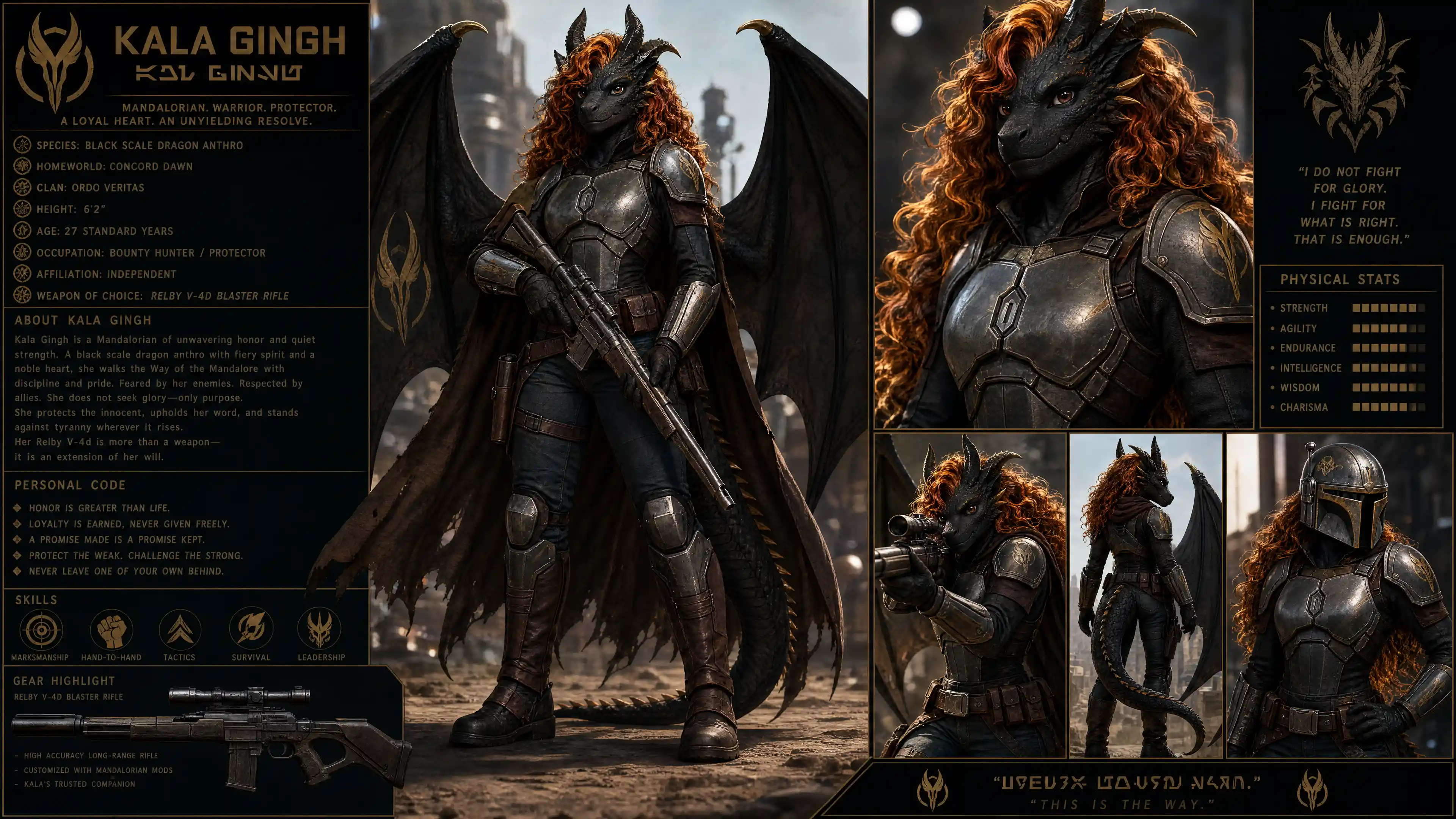 Winged dragon woman in Mandalorian armor with blaster rifle