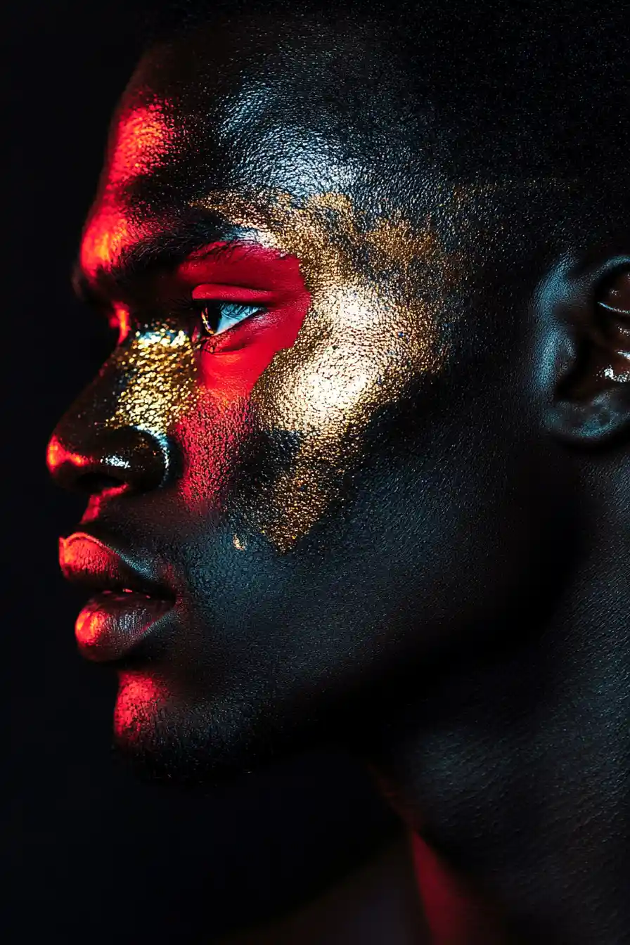 Intense man portrait in semi profile with bold colors