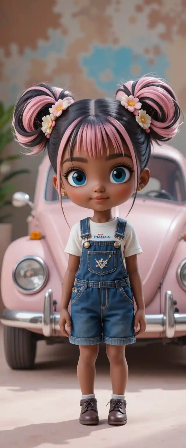 Chibi girl with twin buns beside retro beetle car