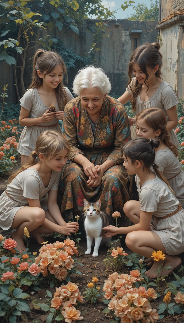 Children helping an elderly woman plant flowers in a garden