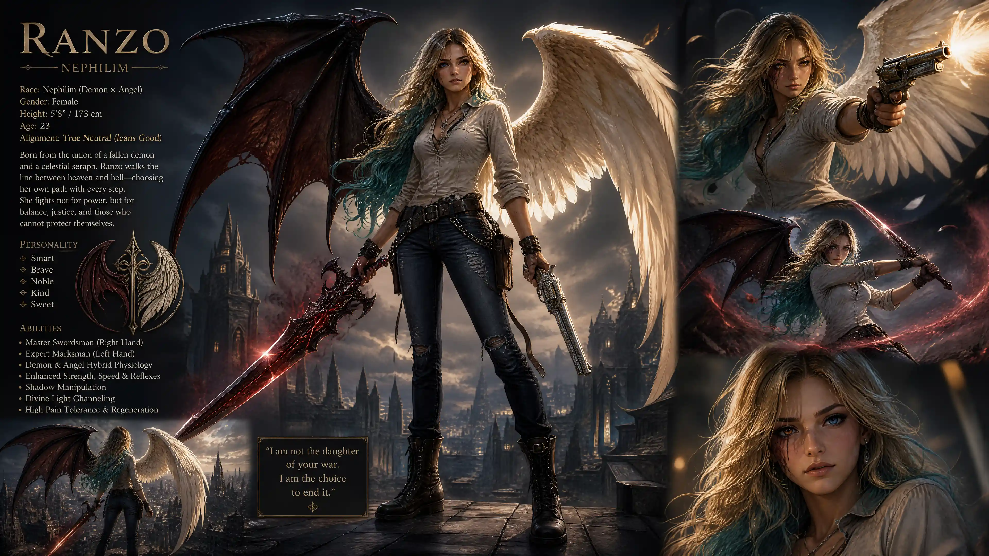Brave female nephilim with angel and demon wings