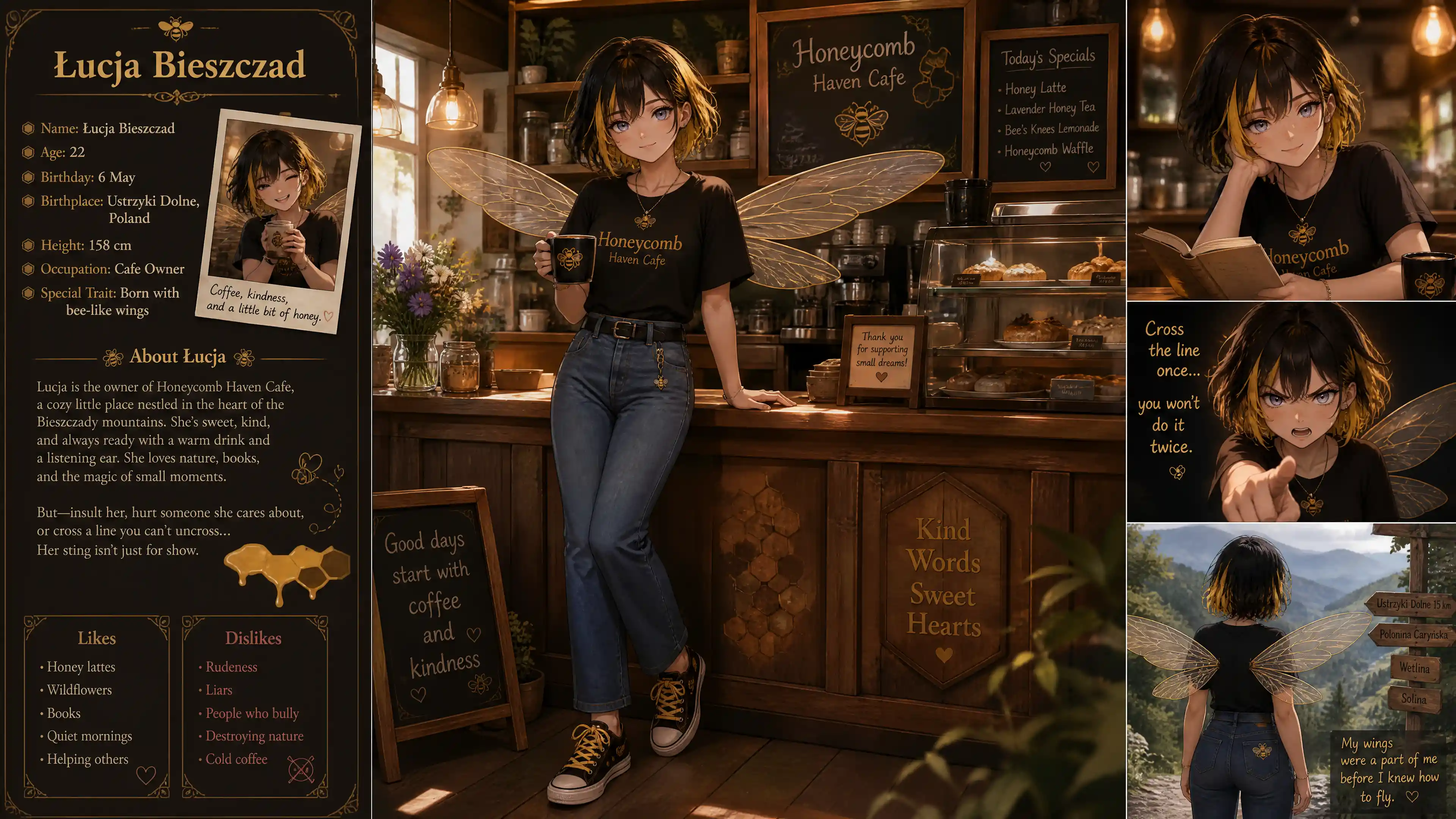 Cute fantasy cafe owner woman with bee wings
